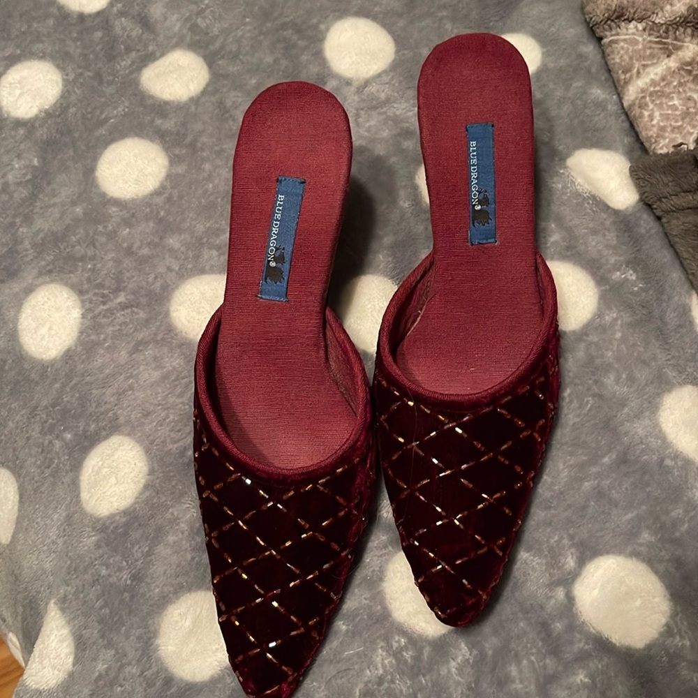 Two dragon wine colored jeweled mules